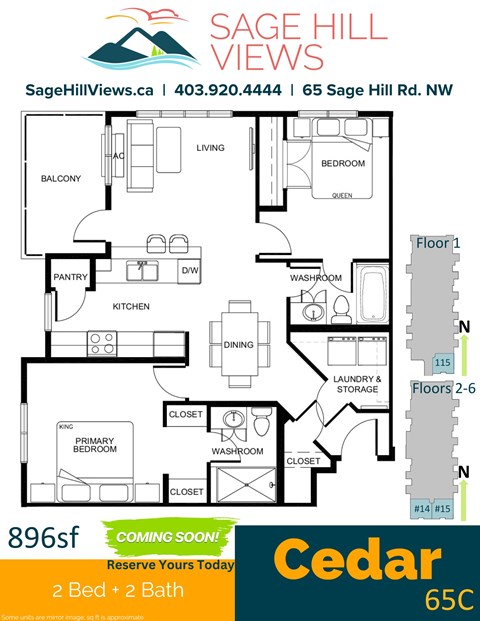 Floor plan for 2 beds, 2 baths, 896 sqft