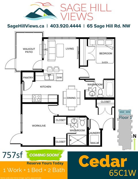 Floor plan for 2 beds, 2 baths, 757 sqft