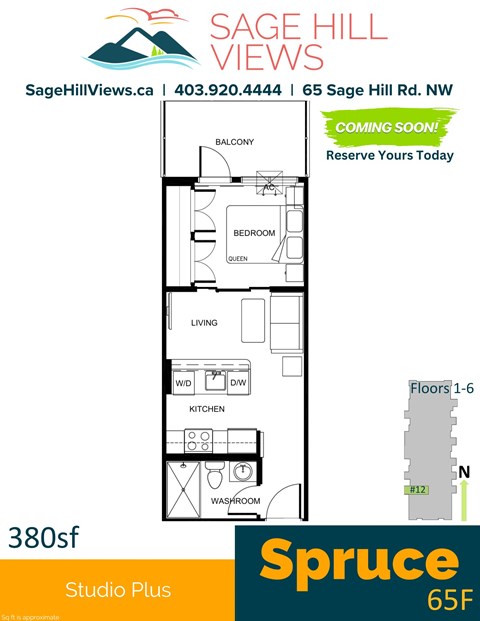 Floor plan for 1 bed, 1 bath, 380 sqft