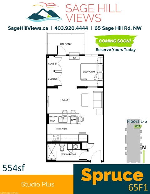 Floor plan for 1 bed, 1 bath, 554 sqft