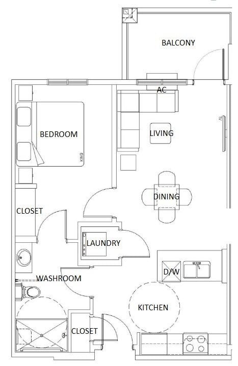 Floor plan for 1 bed, 1 bath, 687 sqft