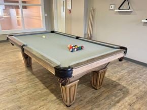 Calgary apartment for rent - A pool table with a green felt cloth and a white cue ball is in the center of the table.
