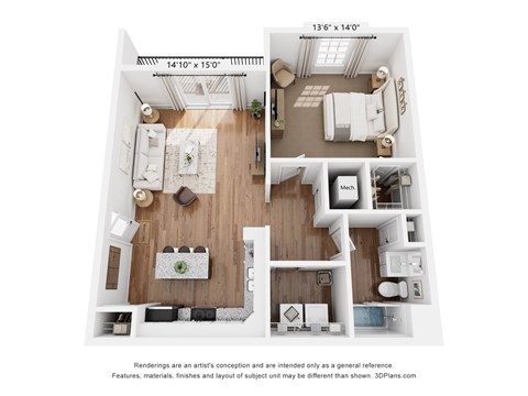 Floor plan for 1 bed, 1 bath, 1101 sqft