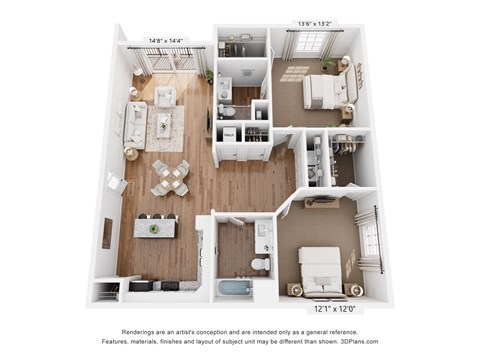 Floor plan for 2 beds, 2 baths, 1101 sqft