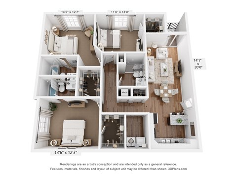 Floor plan for 3 beds, 3 baths, 1478 sqft
