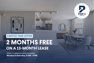 London apartment for rent - A promotional image for a 2 months free offer on a 13-month lease from PIER 4 Business.