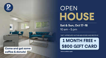 Hamilton apartment for rent - A promotional image for an open house event on October 17-18 from 10 am to 5 pm, offering a free month and an $800 gift card for approved attendees.