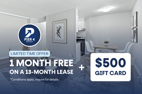 London apartment for rent - A promotional image for a limited time offer on a 13-month lease with a $500 gift card.
