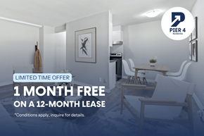 London apartment for rent - A room with a dining table and chairs is advertised with a 1 month free on a 12-month lease offer.