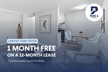 London apartment for rent - A room with a dining table and chairs is advertised with a 1 month free on a 12-month lease offer.