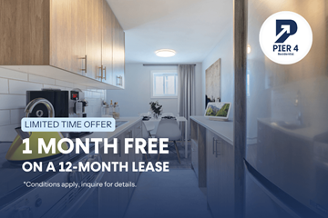 London apartment for rent - A kitchen interior with a sign offering a free month on a lease.