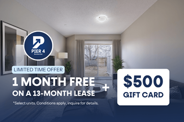 Kitchener townhouse for rent - A promotional image for Pier 4 Residential offering a free month on a 13-month lease with a $500 gift card.