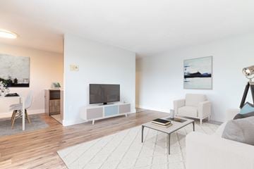 London apartment for rent - A living room with a white couch, a coffee table, a television, and a painting on the wall.