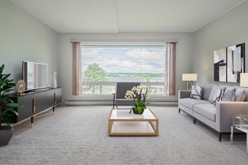 Riverview apartment for rent - A modern living room with a grey carpet and a large window overlooking a lake.