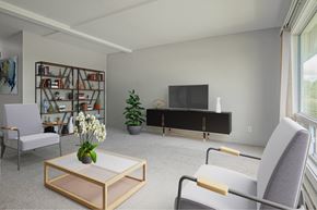 Riverview apartment for rent - A living room with a grey chair, a glass coffee table, a grey sofa, a television, and a plant.