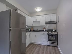 Kitchener apartment for rent - A kitchen with a refrigerator, oven, and cabinets.