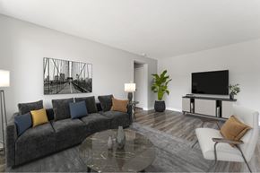 Kitchener apartment for rent - A modern living room with a grey sofa, a coffee table, and a television.