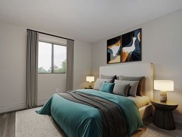 London apartment for rent - A bedroom with a large bed and a painting on the wall.