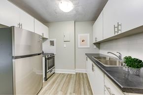 Cambridge apartment for rent - A kitchen with a refrigerator, oven, and sink.