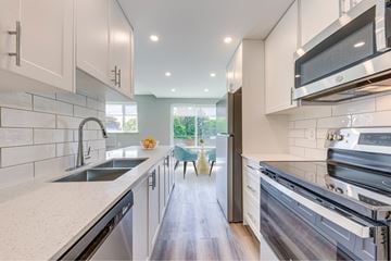 Kitchener apartment for rent - A modern kitchen with white cabinets and stainless steel appliances.