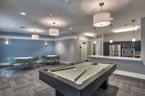Suitland apartment for rent - A pool table is in the middle of a room with a bar and a dining table.