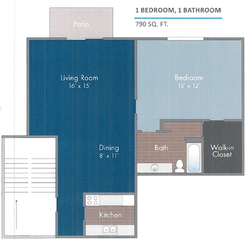 Floor plan for 1 bed, 1 bath, 790 sqft