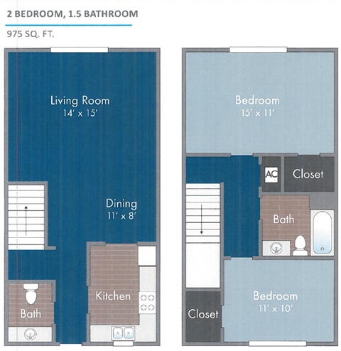 Floor plan for 2 beds, 1.5 baths, 975 sqft