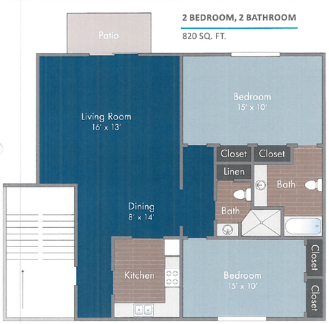 Floor plan for 2 beds, 2 baths, 820 sqft