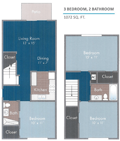 Floor plan for 3 beds, 2 baths, 1072 sqft