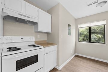 Summerville apartment for rent - A white stove and oven in a kitchen with a window.