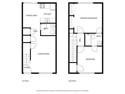 Floor plan for 2 beds, 1.5 baths, 840 sqft