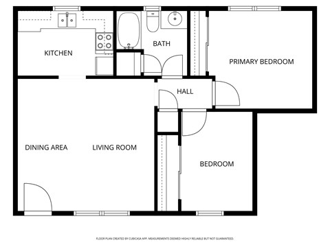 Floor plan for 2 beds, 1 bath, 804 sqft