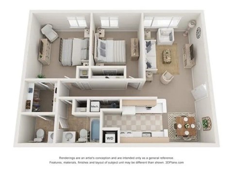 Floor plan for 2 beds, 1.5 baths, 884 sqft