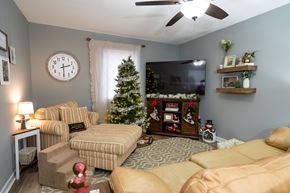 Hawkinsville apartment for rent - A living room with a couch, chair, Christmas decorations, and a flat screen TV.