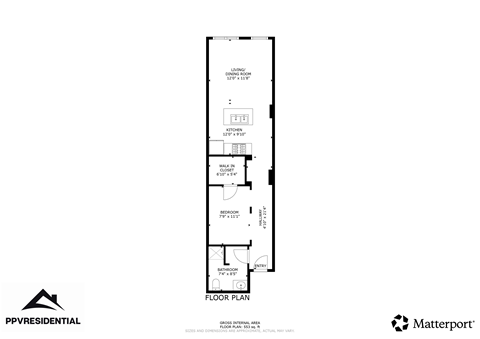 Floor plan for 1 bed, 1 bath, 634 sqft
