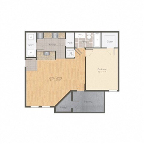 Floor plan for 1 bed, 1 bath, 756 sqft