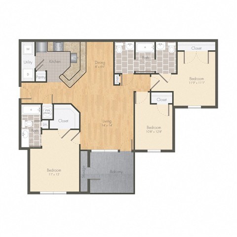 Floor plan for 3 beds, 2 baths, 1230 sqft