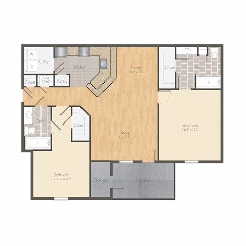 Floor plan for 2 beds, 2 baths, 1025 sqft