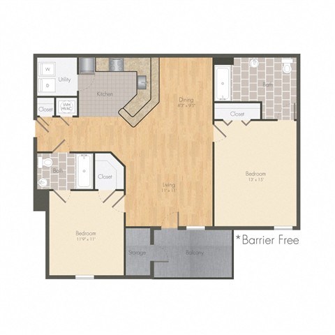 Floor plan for 2 beds, 2 baths, 1025 sqft