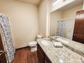 Rapid City apartment for rent - A bathroom with a toilet, sink, and shower curtain.