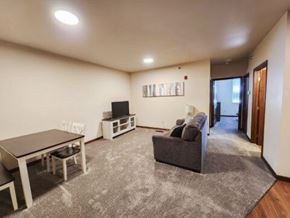 Rapid City apartment for rent - A living room with a grey couch, a table, and a television.