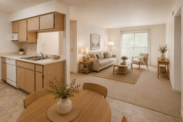 Oroville apartment for rent - A modern kitchen with wooden cabinets and a dining table with chairs.