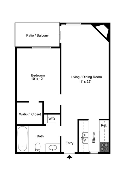 Floor plan for 1 bed, 1 bath, 650 sqft