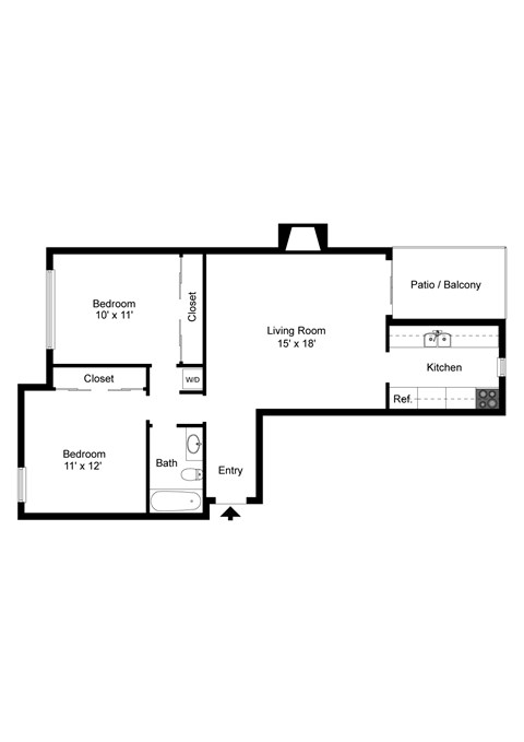 Floor plan for 2 beds, 1 bath, 800 sqft