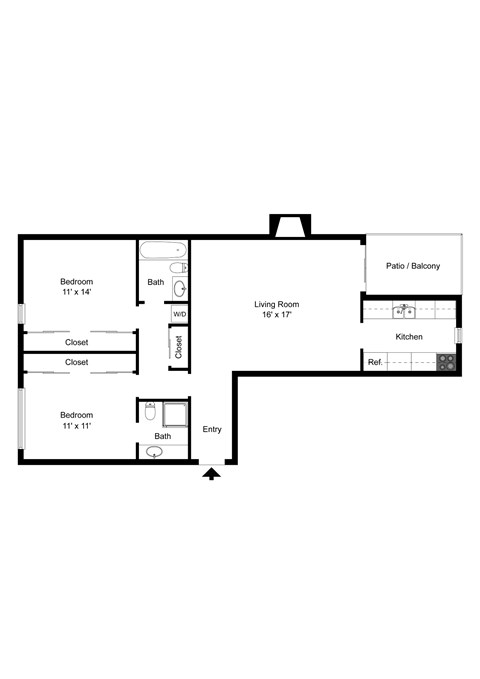 Floor plan for 2 beds, 2 baths, 850 sqft
