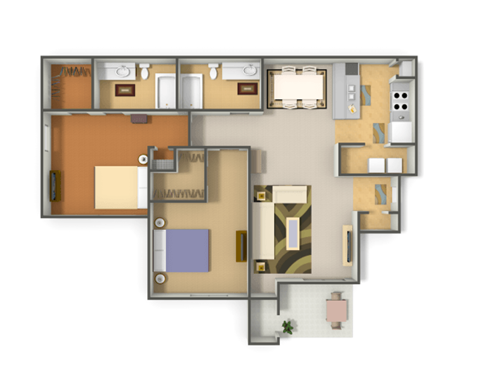 Floor plan for 2 beds, 2 baths, 1048 sqft