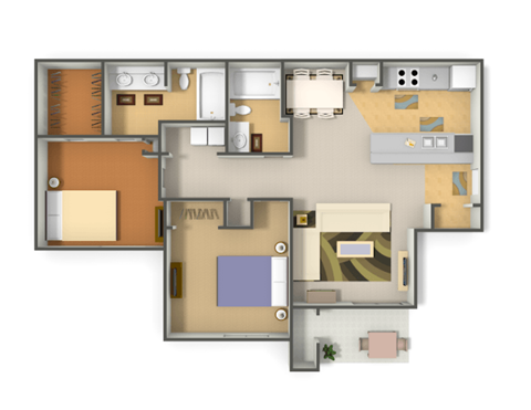 Floor plan for 2 beds, 2 baths, 942 sqft