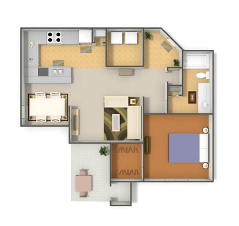 Floor plan for 1 bed, 1 bath, 726 sqft