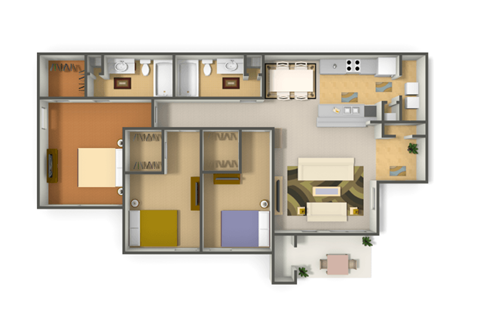 Floor plan for 3 beds, 2 baths, 1291 sqft