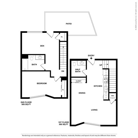 Floor plan for 1 bed, 1.5 baths